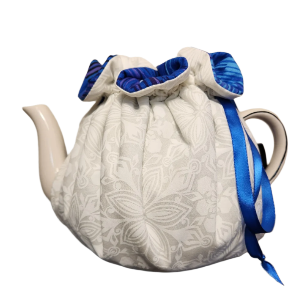 Teapot Cozy - Blue Stripes/White Snowflakes