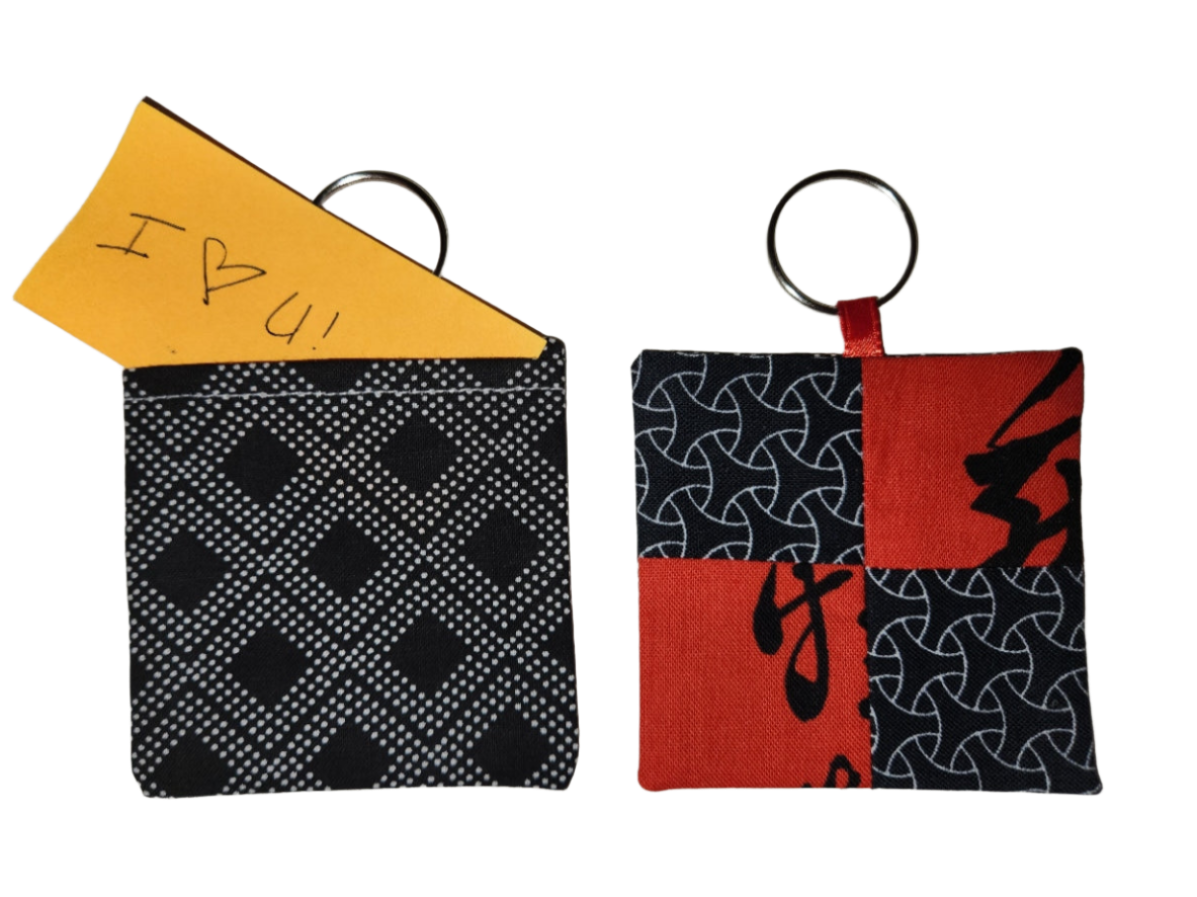 Pocket Prayer Quilt Keychain - Red and Geometric Black/Black Diamond Dots