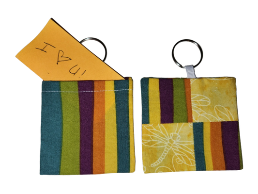 Pocket Prayer Quilt Keychain - Yellow Dragonflies/Bright Stripes