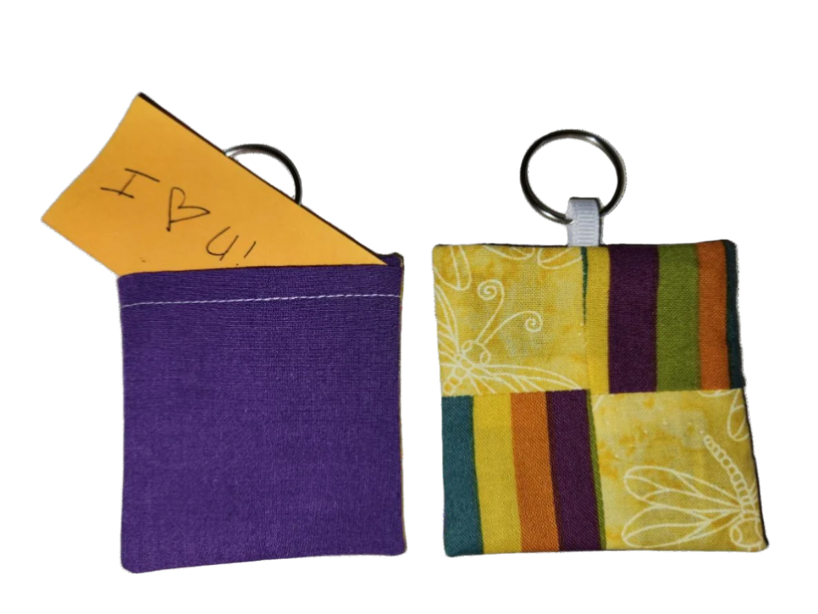 Pocket Prayer Quilt Keychain - Dragonflies and Stripes/Purple Solid