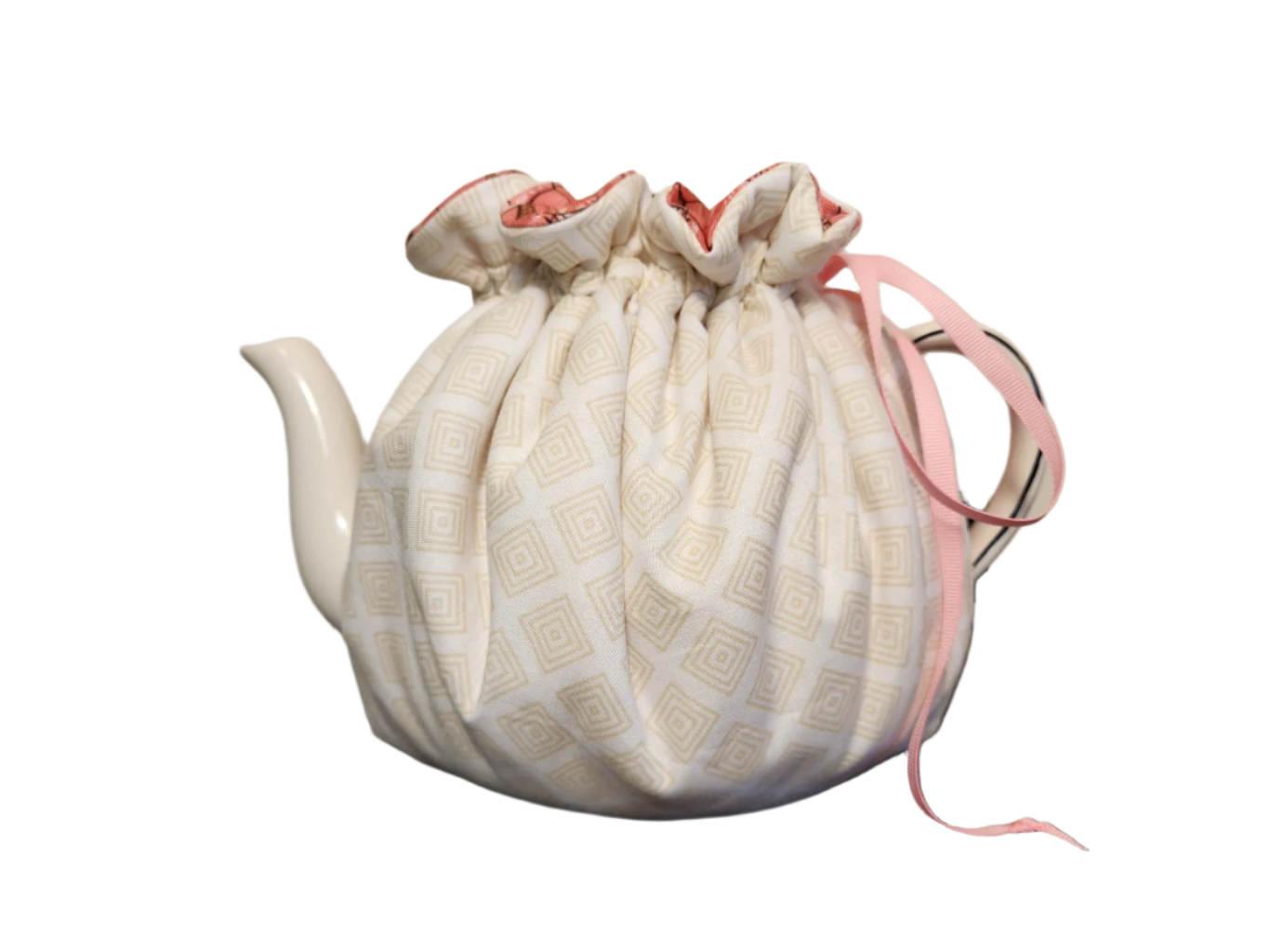 Teapot Cozy - Coral Scales/Cream Squares