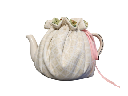 Teapot Cozy - Green Florals/Cream Squares