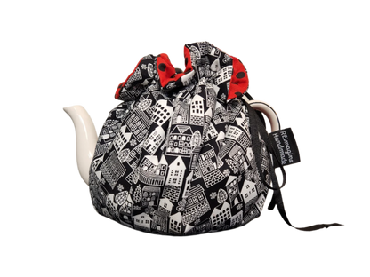 Teapot Cozy - Black and White Houses/Black and Red Dots