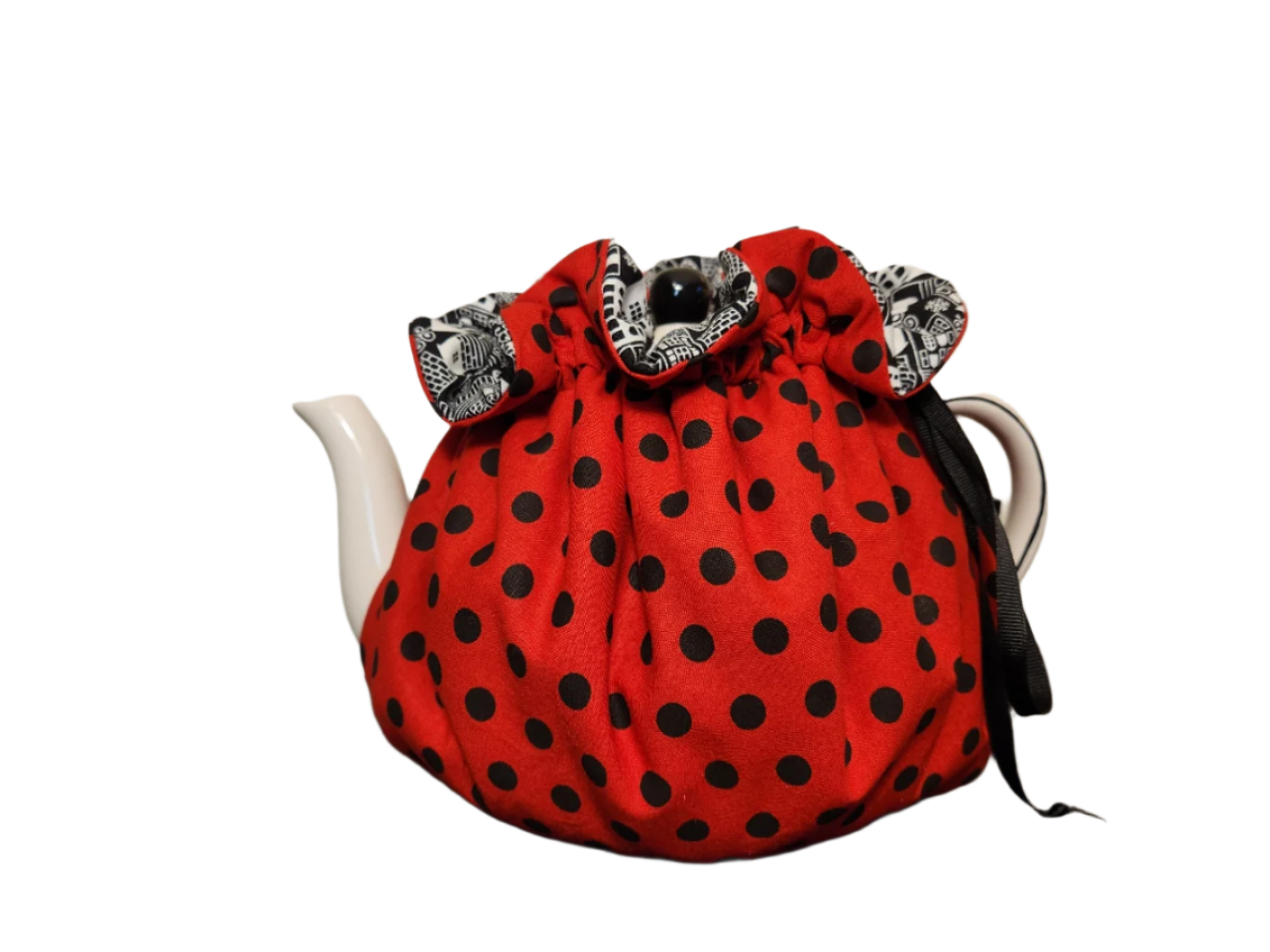 Teapot Cozy - Black and White Houses/Black and Red Dots