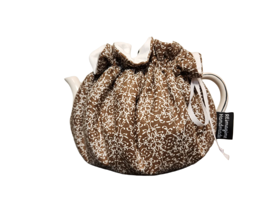 Teapot Cozy - Brown Floral/Solid White