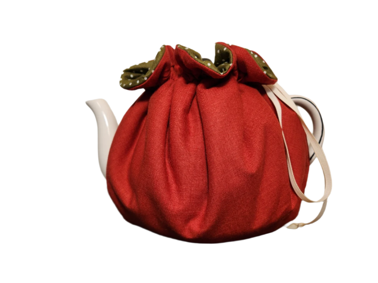 Teapot Cozy - Green Dots/Solid Red